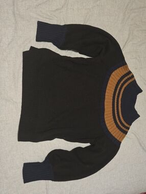 Women's Black Crewneck Sweater with Navy and Tan Yoke- Eloquii